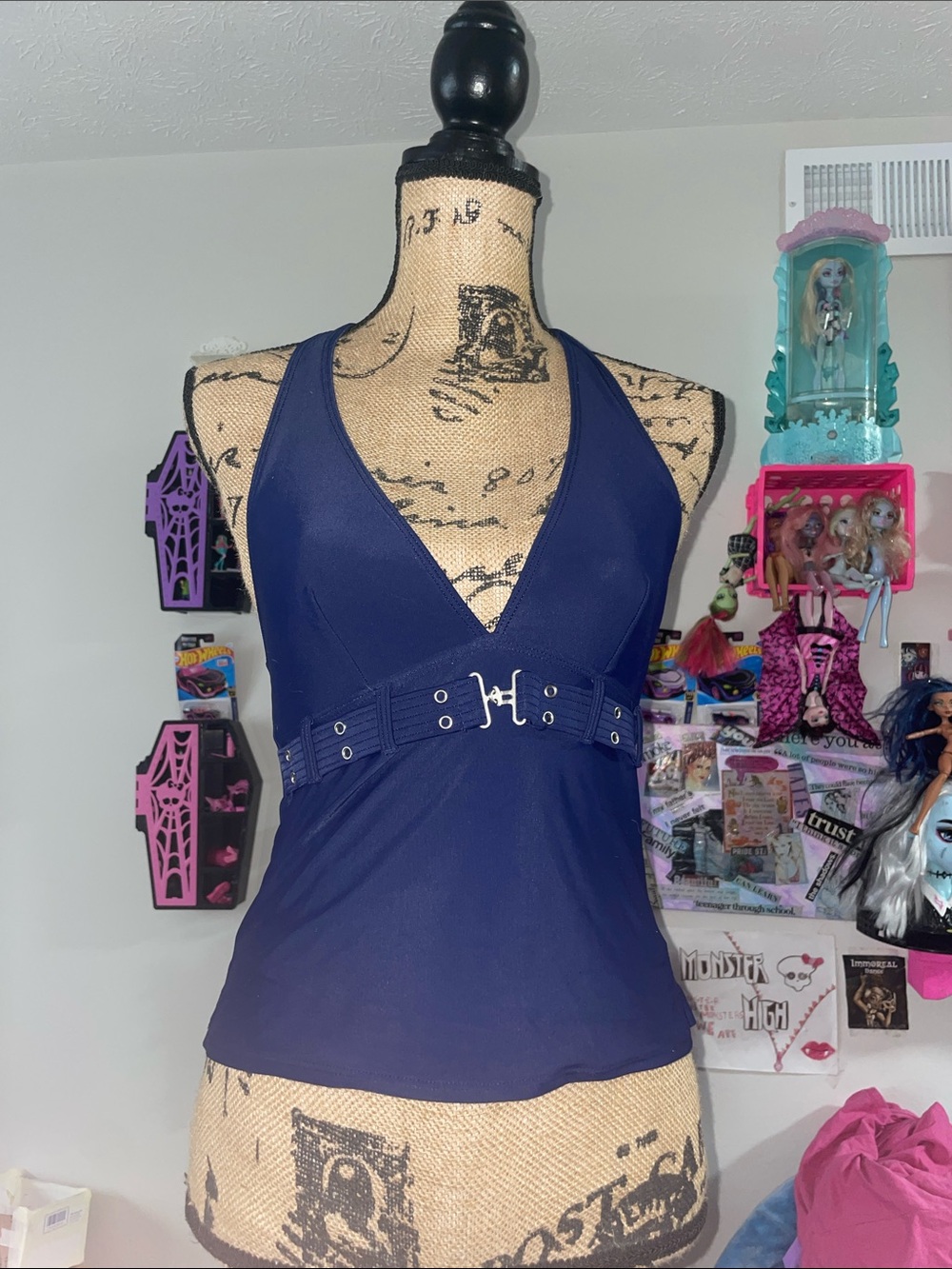 La Blanca Navy Deep V Swimwear Halter Tank with Buckle Waist